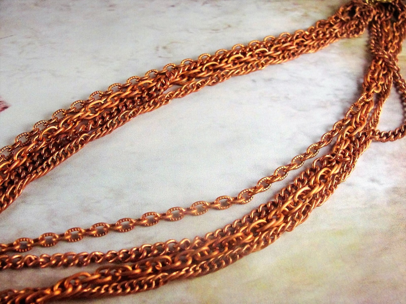 Aged Copper Coated Steel Curb, Cable and Rope Graduated 4 Chain Necklace w/Clasp