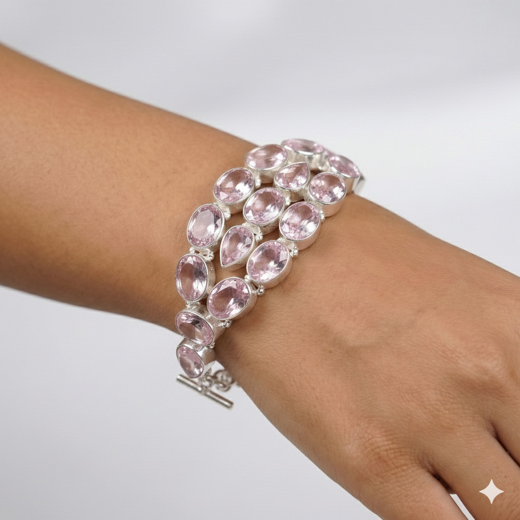 Pink Kunzite Gemstone Handmade 925 Sterling Silver Jewelry Chain Bracelet ADJ