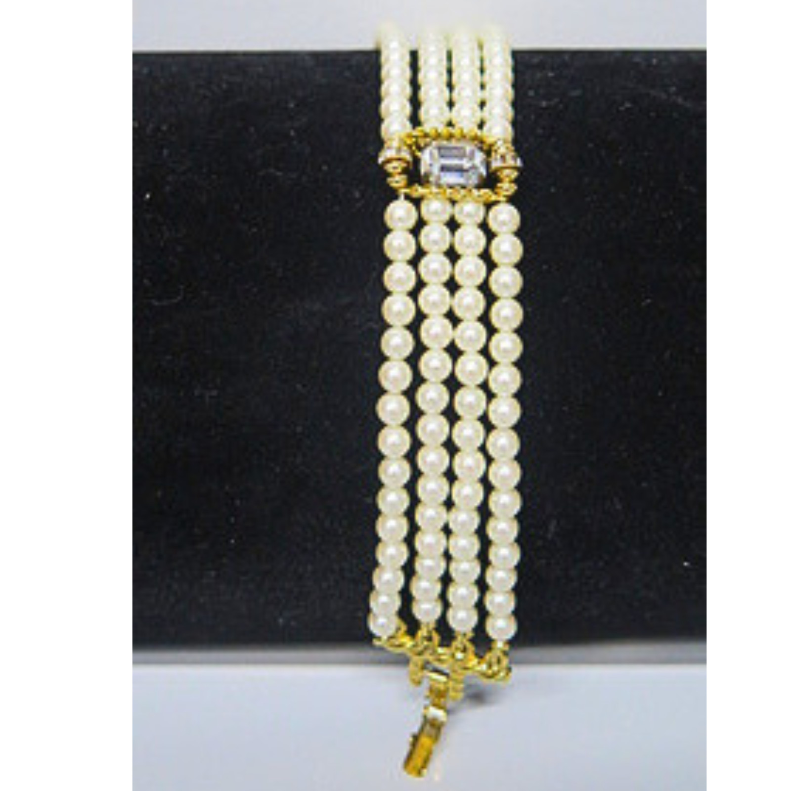 Vintage 4 Strand Faux Pearl Bracelet Gold Tone Crystal Accent Estate 7.5″