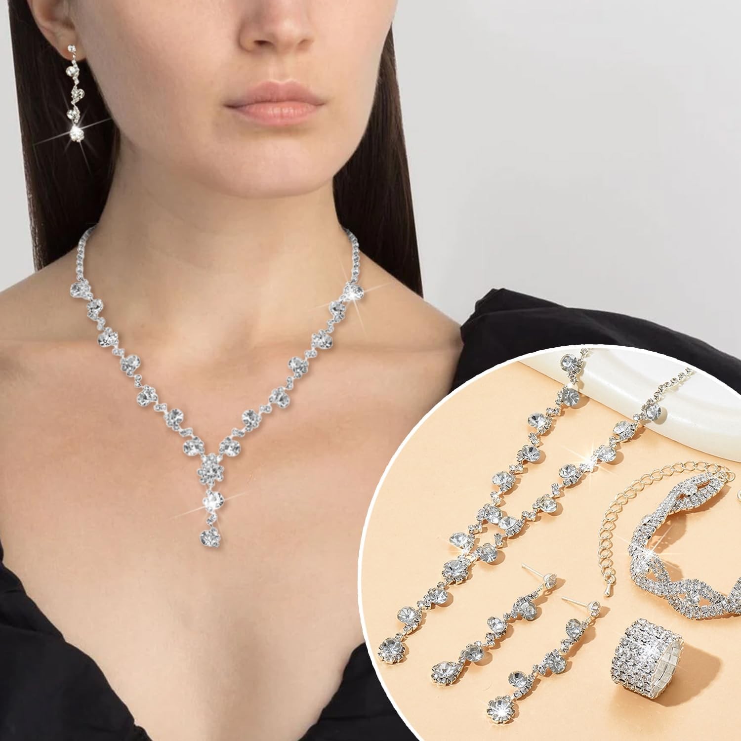Hypoallergenic 10 pcs Silvery Rhinestone Jewelry Set – Perfect for Formal Events