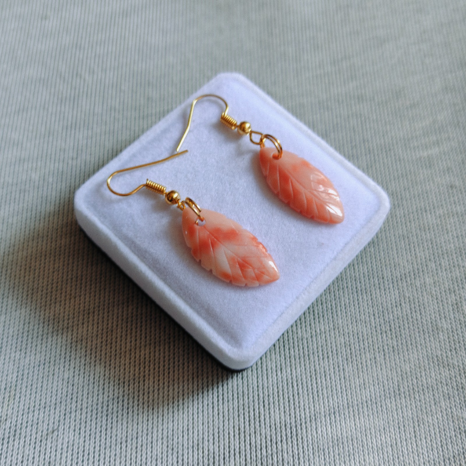 Natural Japanese Pink Coral Leaf Carving Brass Earrings Handmade Jewelry