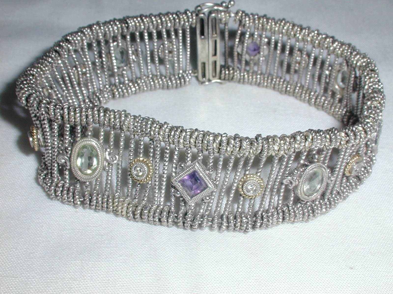 AMAZING- GABRIEL & CO STERLING 18K GOLD DIAMOND AMETHYST AQUAMARINE BRACELET-7.5