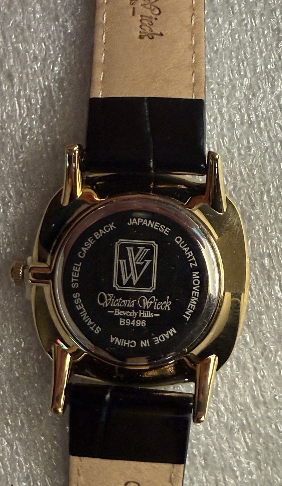 New Victoria Wieck Watch Womens Black Crystal Gold Trim Black Leather See Desc.
