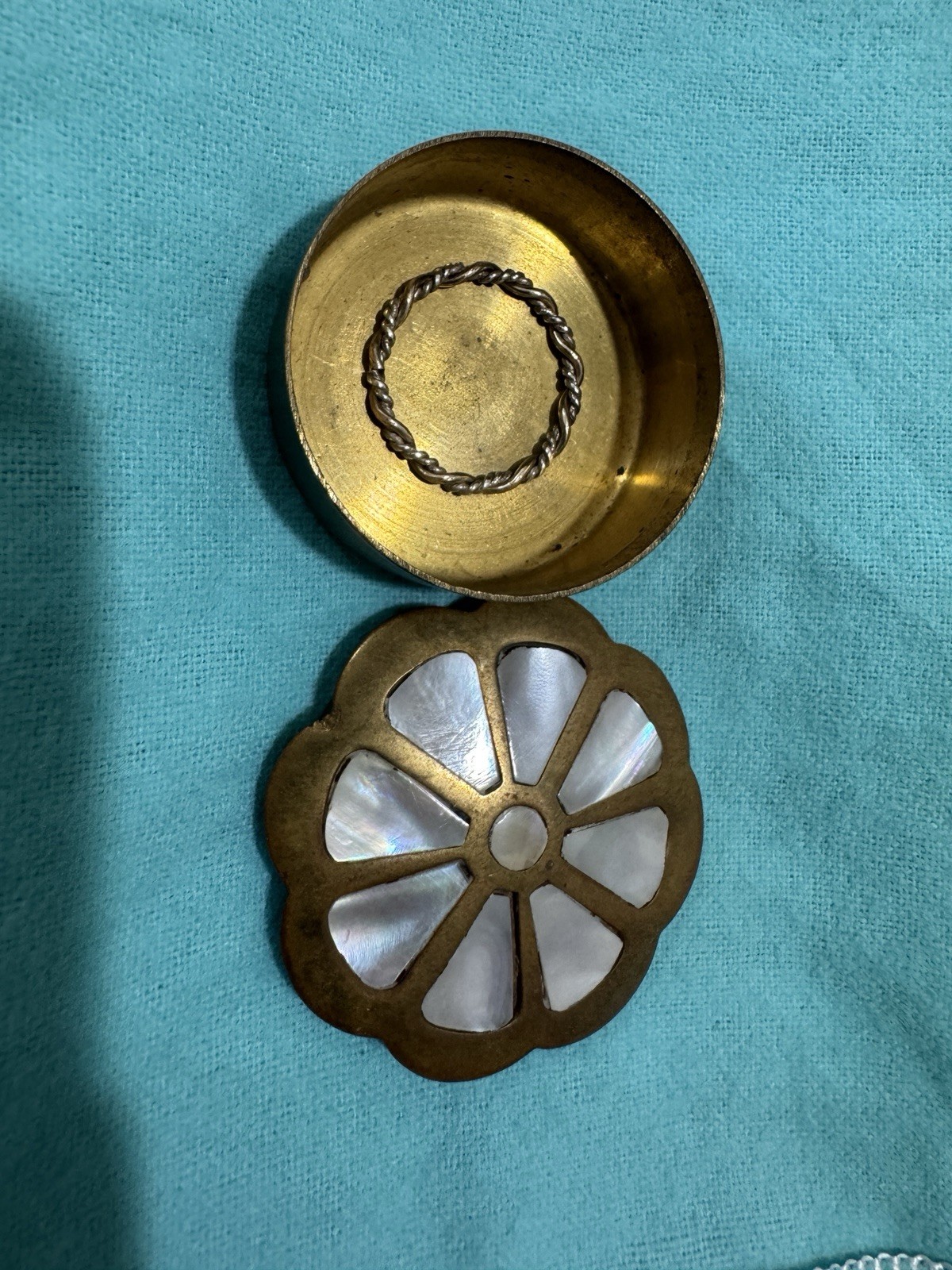 Vintage tiny sliver and gold twisted Ring and Mother of Pearl Pure Brass Box