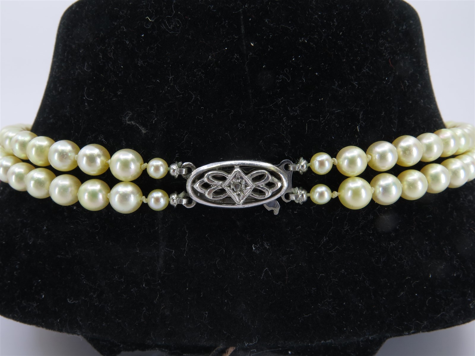 Estate Double Strand Pearl Necklace by Lotus 9k Clasp in Original Box approx 5mm