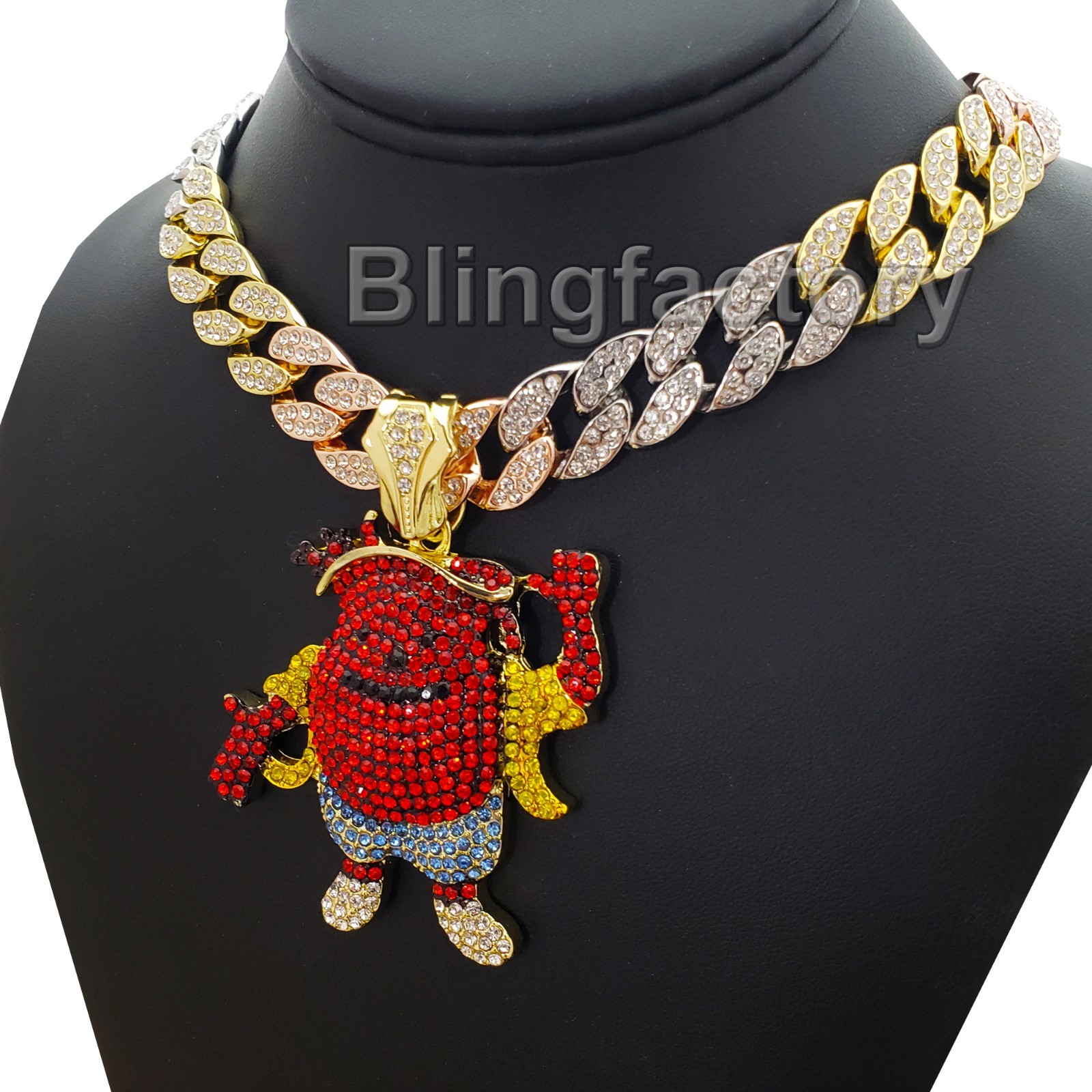 Gold Plated Kool Aid Man pendant 15mm 18″ Iced Multi Color Cuban Chain Necklace
