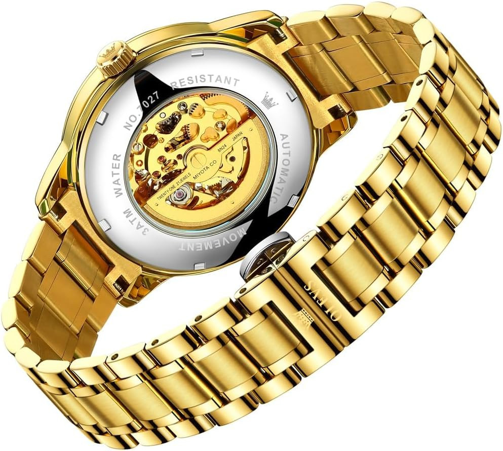 Dragon Skeleton Mens Automatic Watch 42MM Large Dial Gold Luxury Self-Winding Di