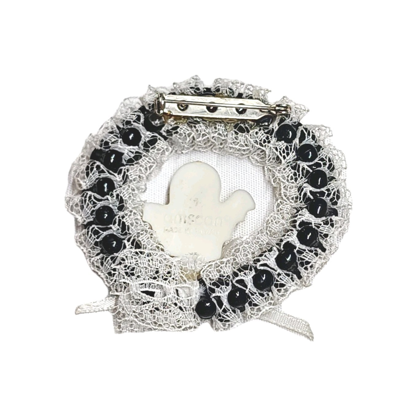 Vintage Handmade Amscan Ghost Round Wreath Pin Brooch Black & White Halloween