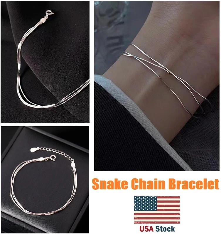 Women’s 925 Sterling Silver Multilayer Snake Chain Foot Ankle Bracelet New USA