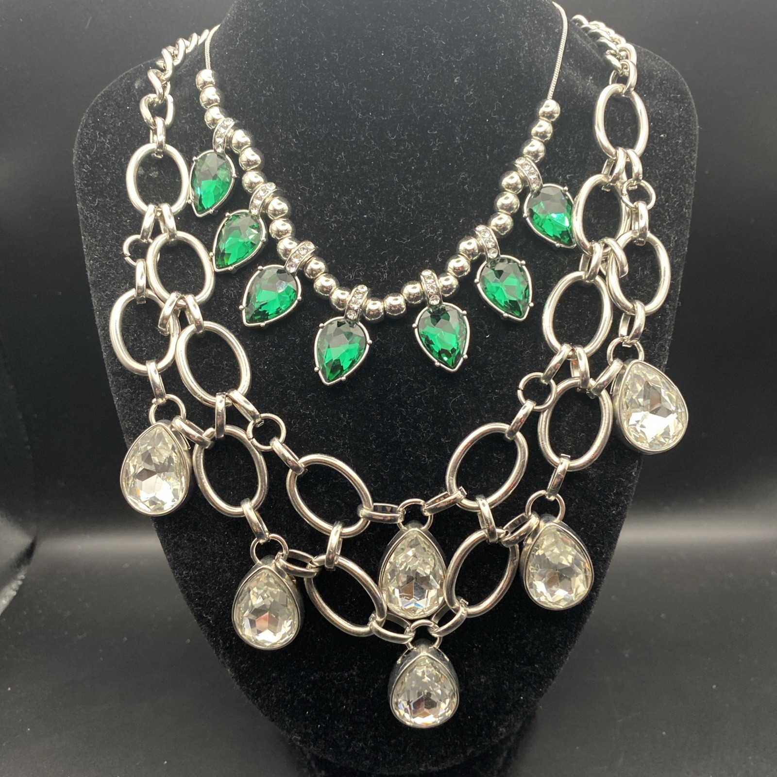 Set 2 Paparazzi Blockbuster Crown Jewel Necklace Tear Drop Crystals Silver Tone