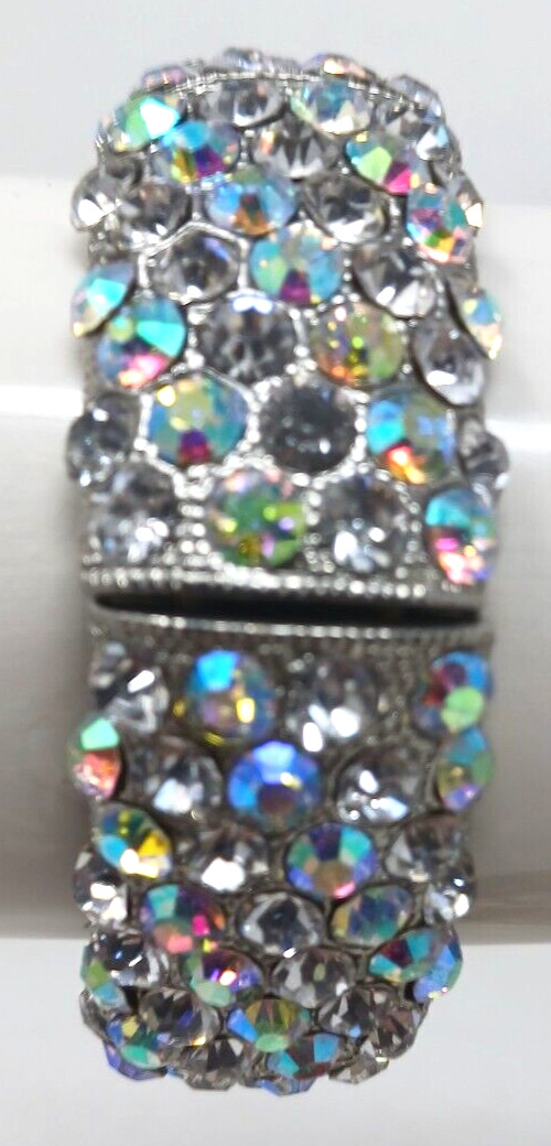 AB Crystal Rhinestone Stretch Bracelet SilverTone Statement BLING Chunky #J10-W