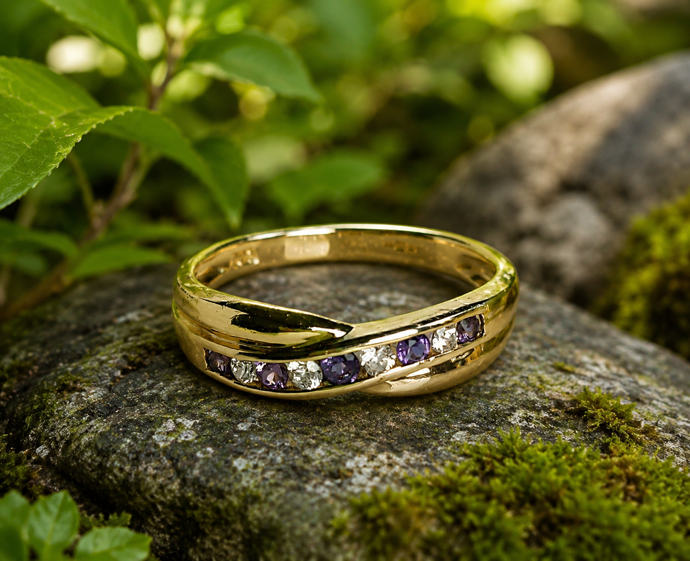 1Ct Round Lab Created Amethyst Wedding Band Ring 14K Yellow Gold Plated Silver