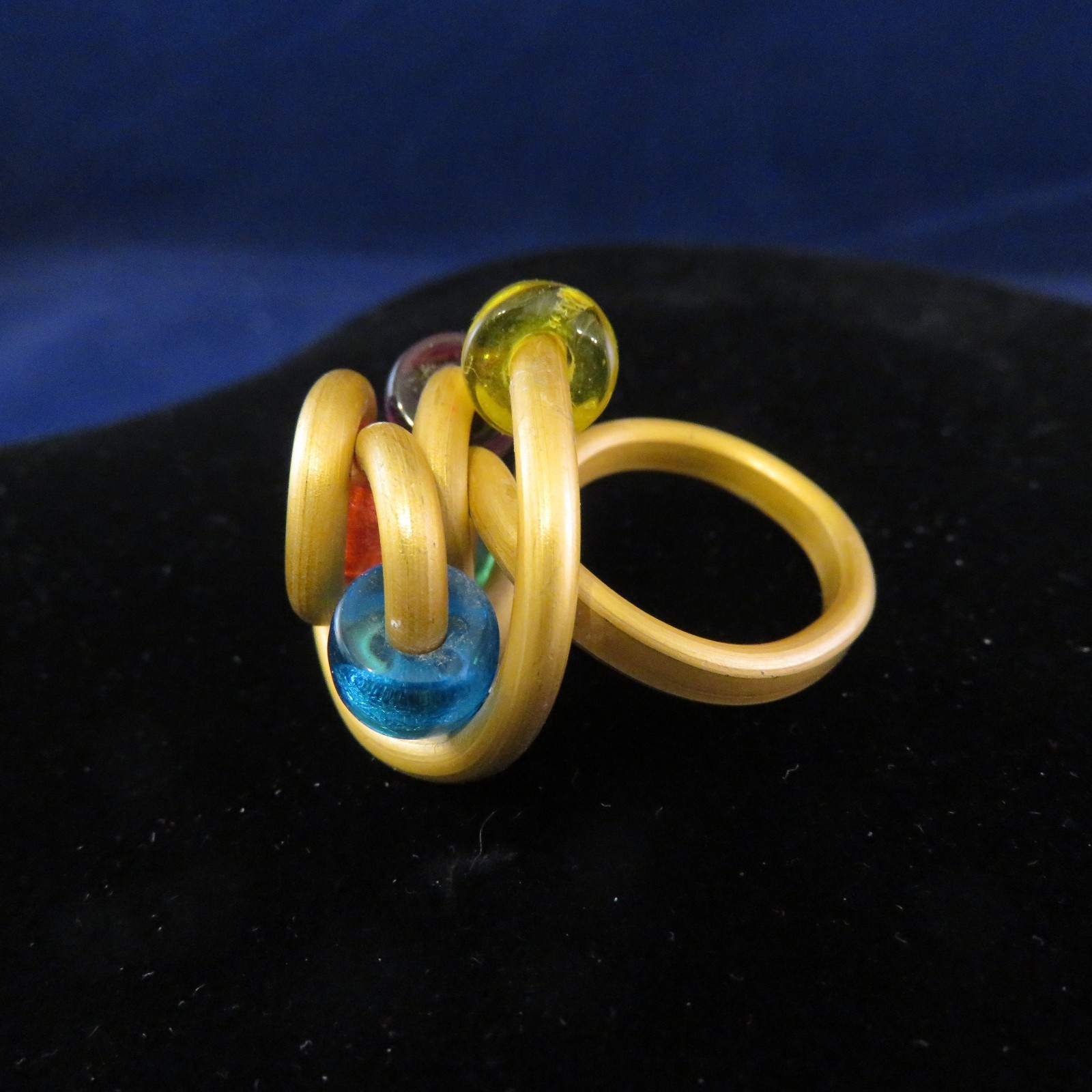 Fun Ring Golden Color Coated Thick Wire Sz. 7 w 5 Colorful Beads (1187)