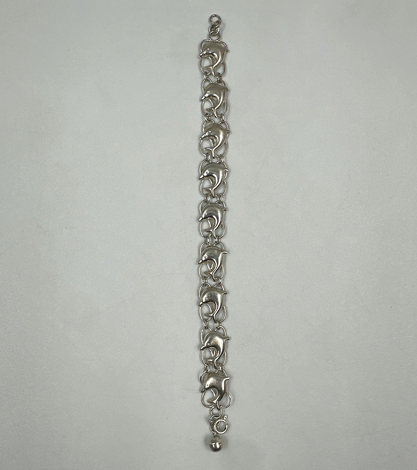 925 Sterling Silver Diving Dolphins Links Bracelet Ball Bell Charm, 7″ 7.71g