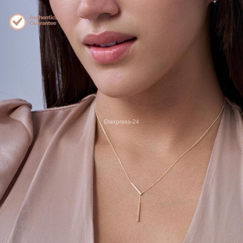 14k Yellow Gold Round Natural Diamond Unique Dangel Dainty Necklace For Wedding