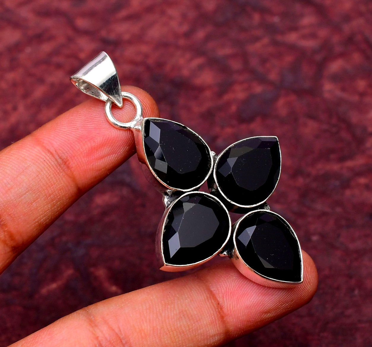 Black Onyx Gemstone 925 sterling silver Handmade Cross Pendant jewelry 2.28″