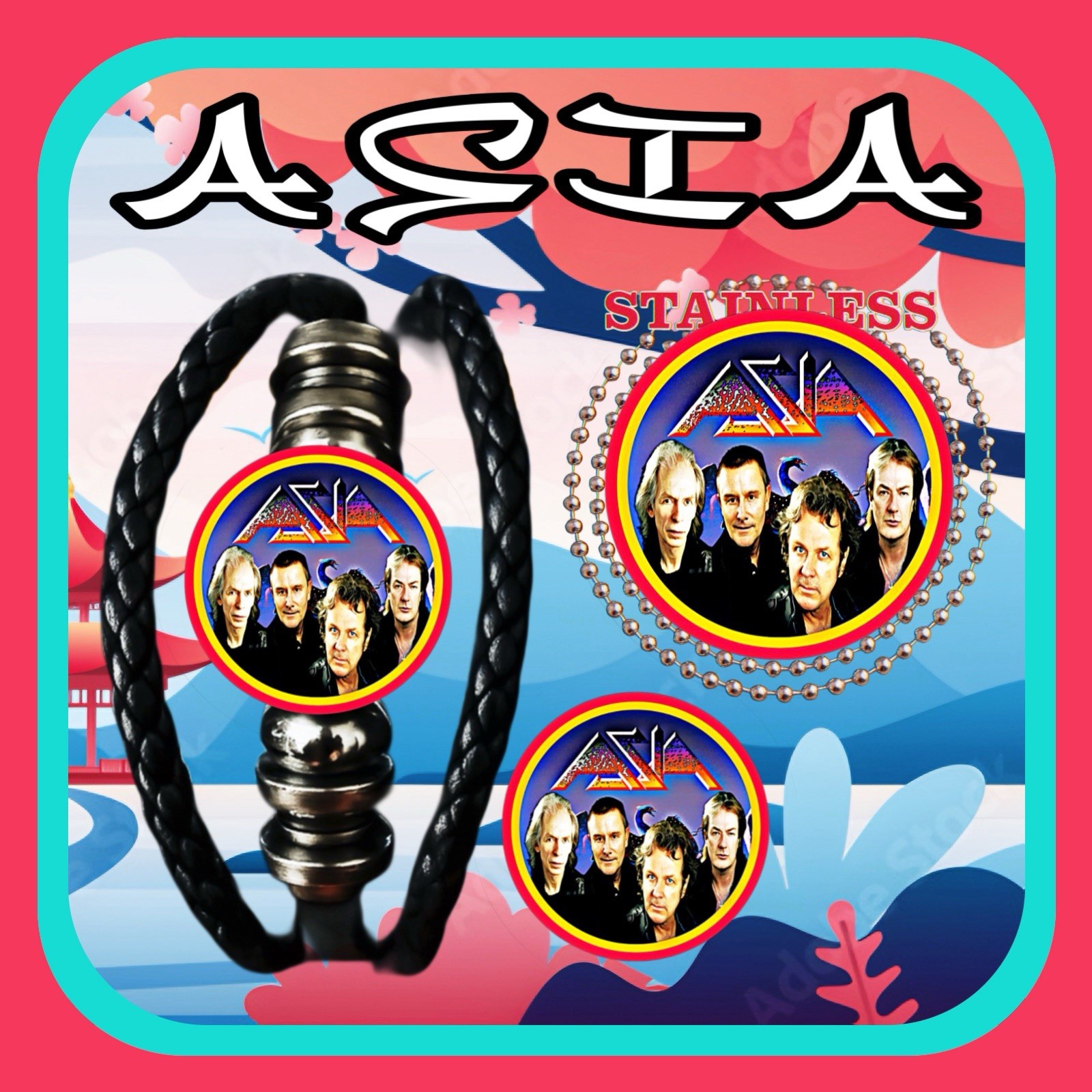 ASIA JOHN WETTON 🇬🇧 LEATHER PUNK BRACELET➕NECKLACE ➕PIN 🇺🇸🇨🇦🇯🇵