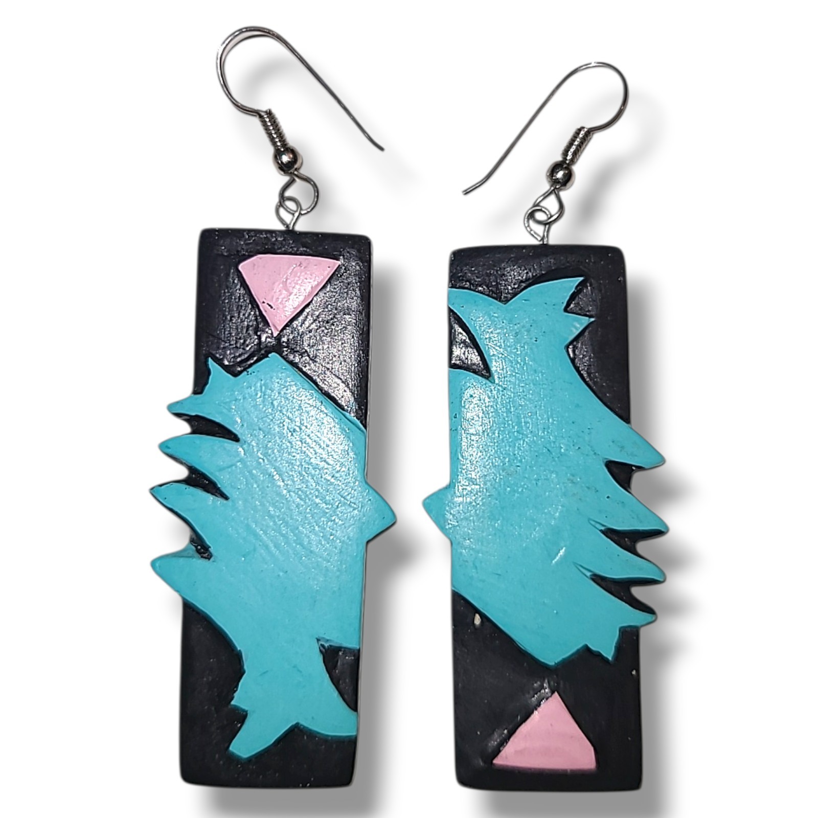 Vintage ’80s ’90s Black Pink Blue Geometric Painted Wood Dangle Earrings