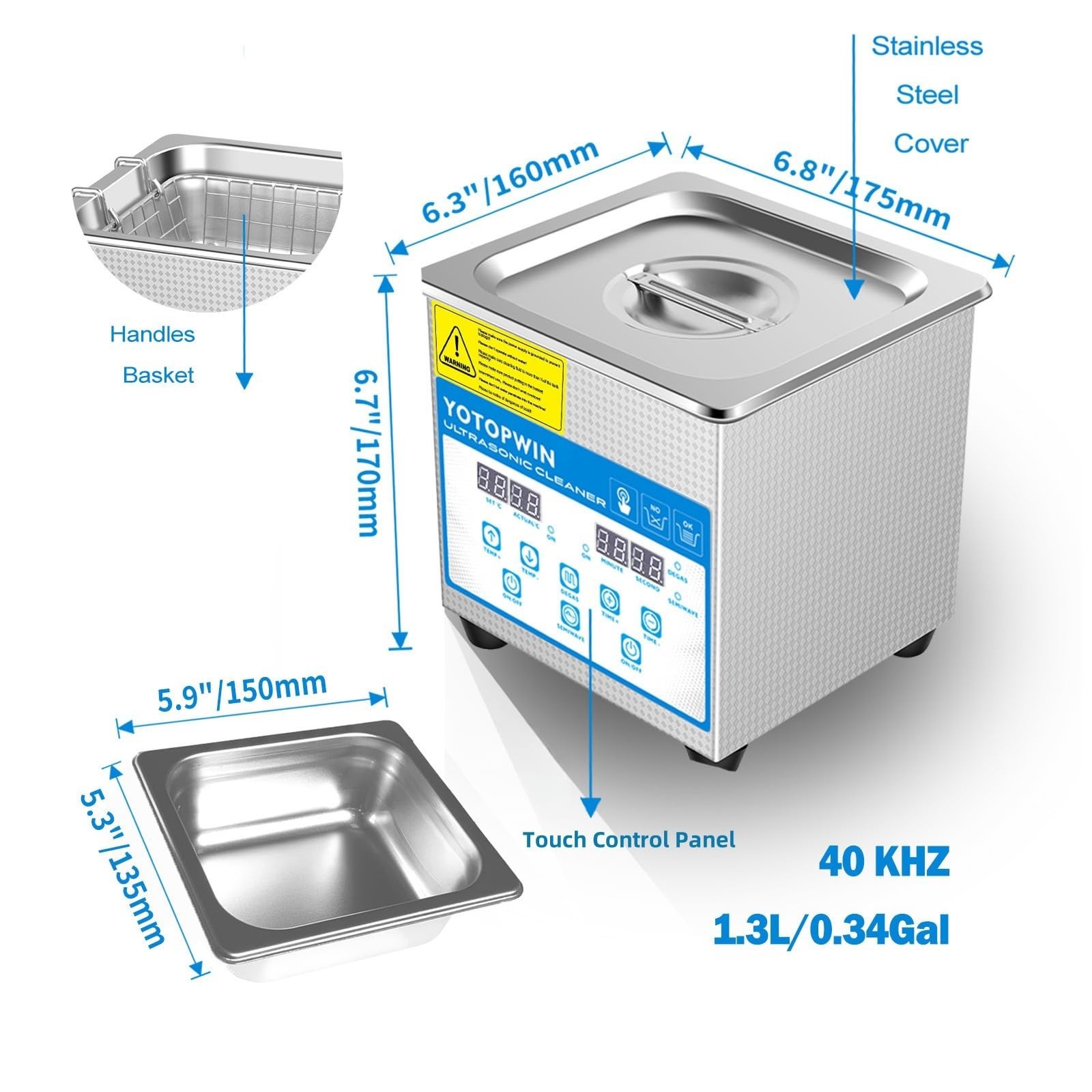 Ultrasonic Cleaner 1.3L Stainless Steel Heated Machine for Jewelry, Glasses, Den