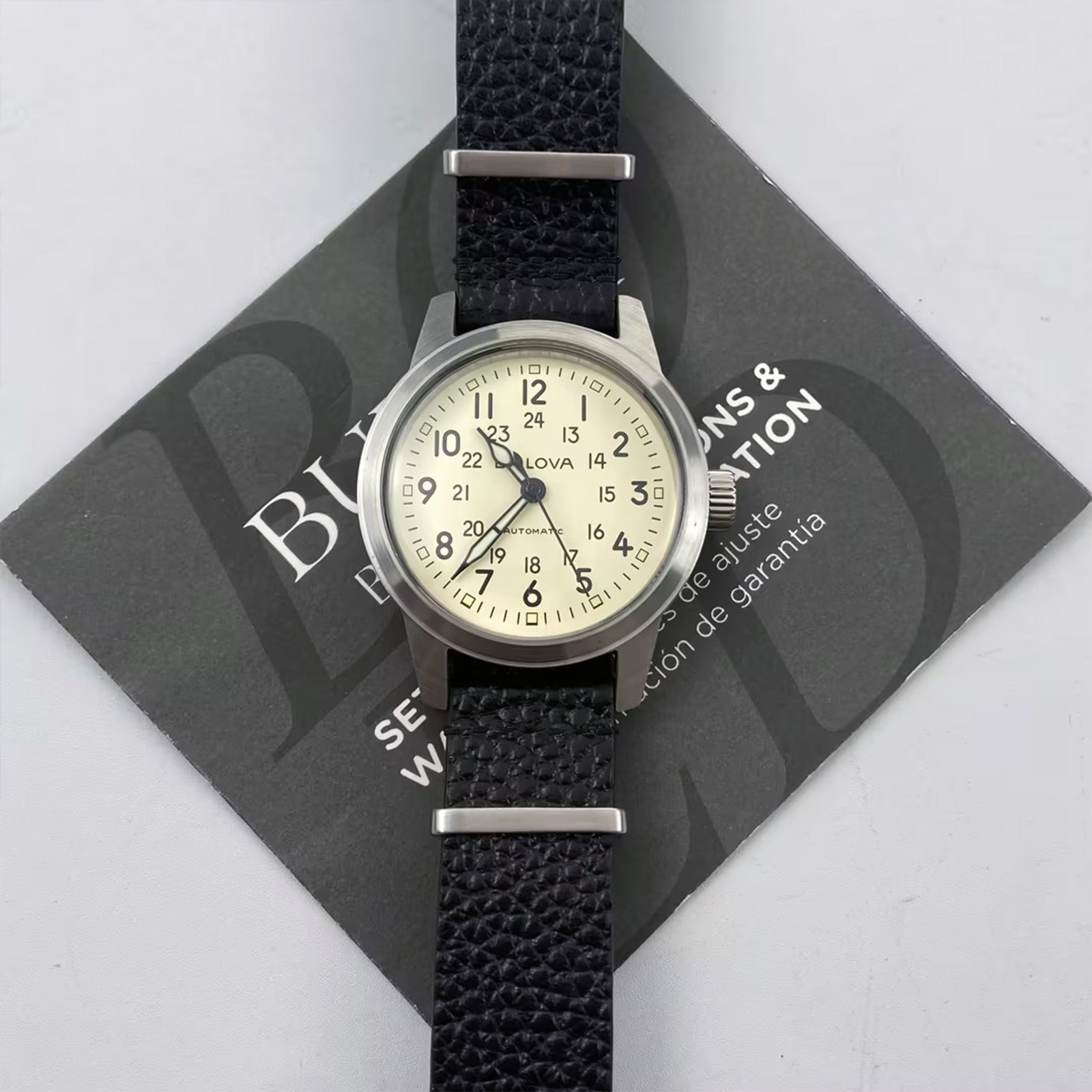 Bulova Special Edition 96A246 White Dial Black Leather Men Automatic Watch 38MM