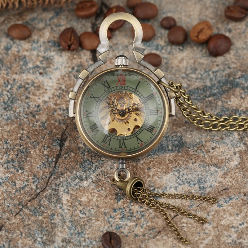 Transparent Glass Ball Pocket Watch See-Through Mechanical Hand-Wind with Chain