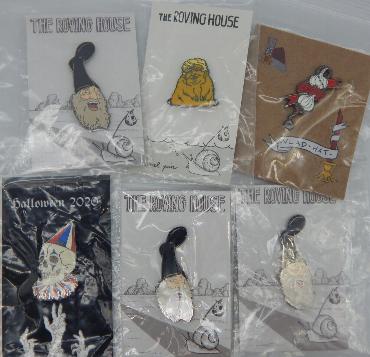 LOT OF 6 PINS – The Roving House LMTD Clown Skull Art Vermin Trump Garlic EF695