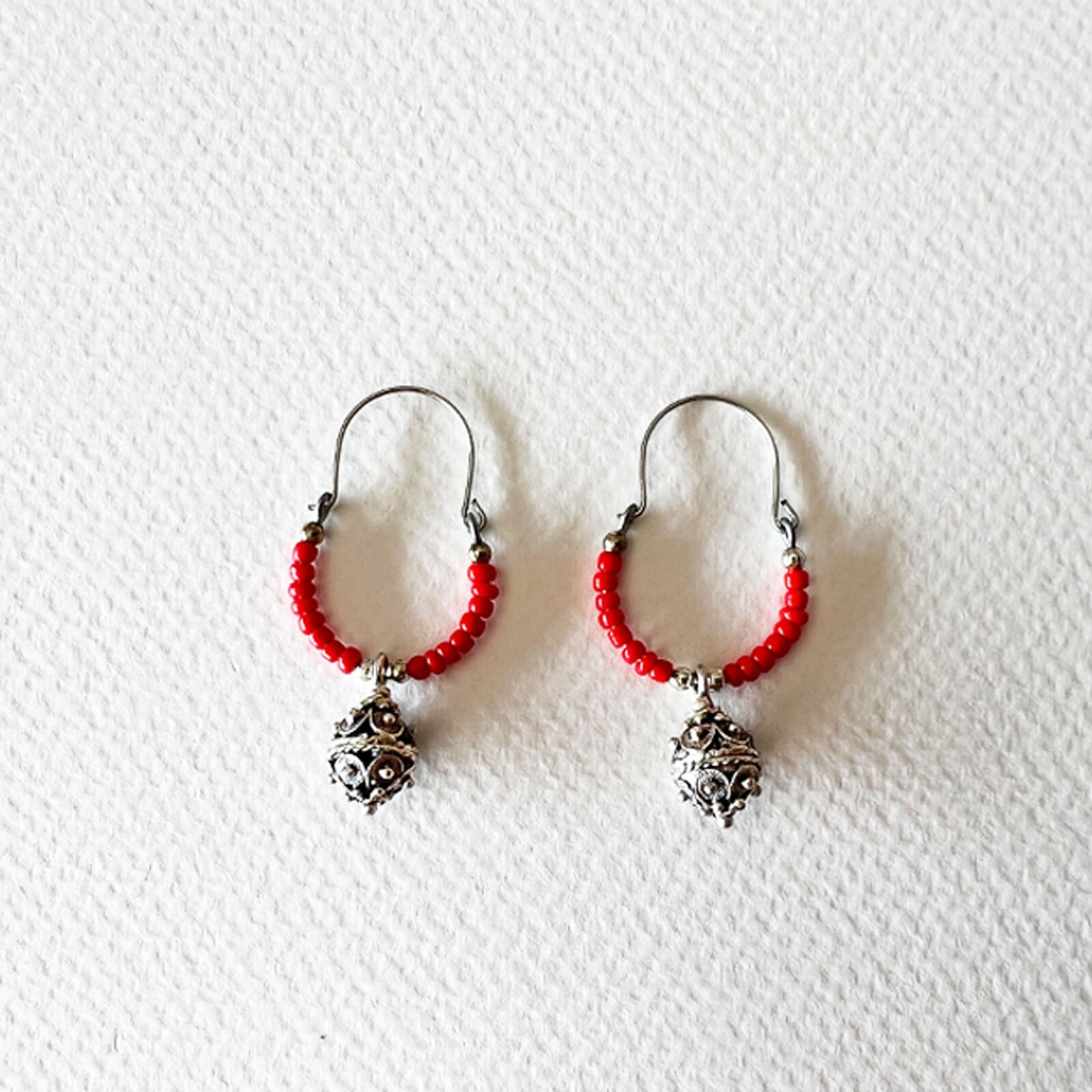 Traditional Croatian Handmade Earrings With Red Pearls & Sibenik Button Pendant