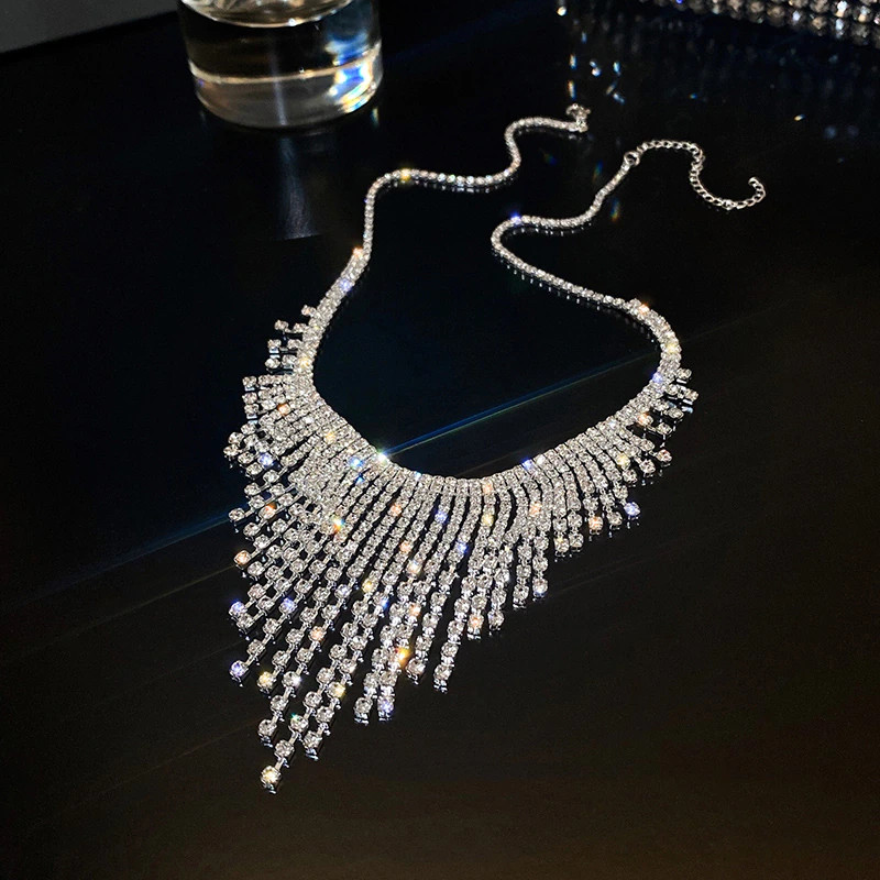 Women Rhinestone Tassel Necklace Jewelry Accessory Choker 96-3