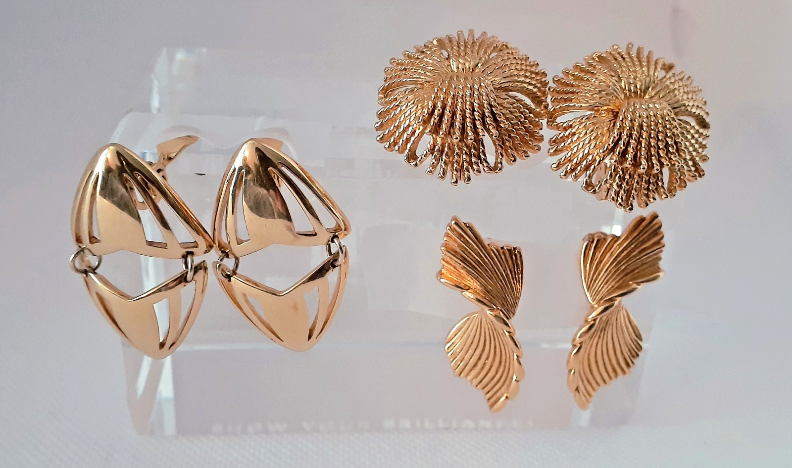 VTG MONET EARRINGS (3 PAIRS/GOLD/CLIPS) Cordelia, Ribbed Twist Bow & Geo Dangles
