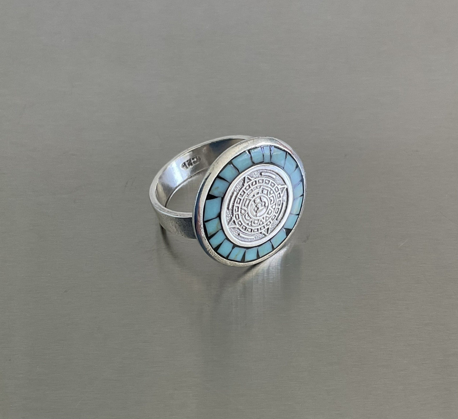 Turquoise Chip Inlay Aztec Calendar Motif Ring 925 Sterling Silver Size 7