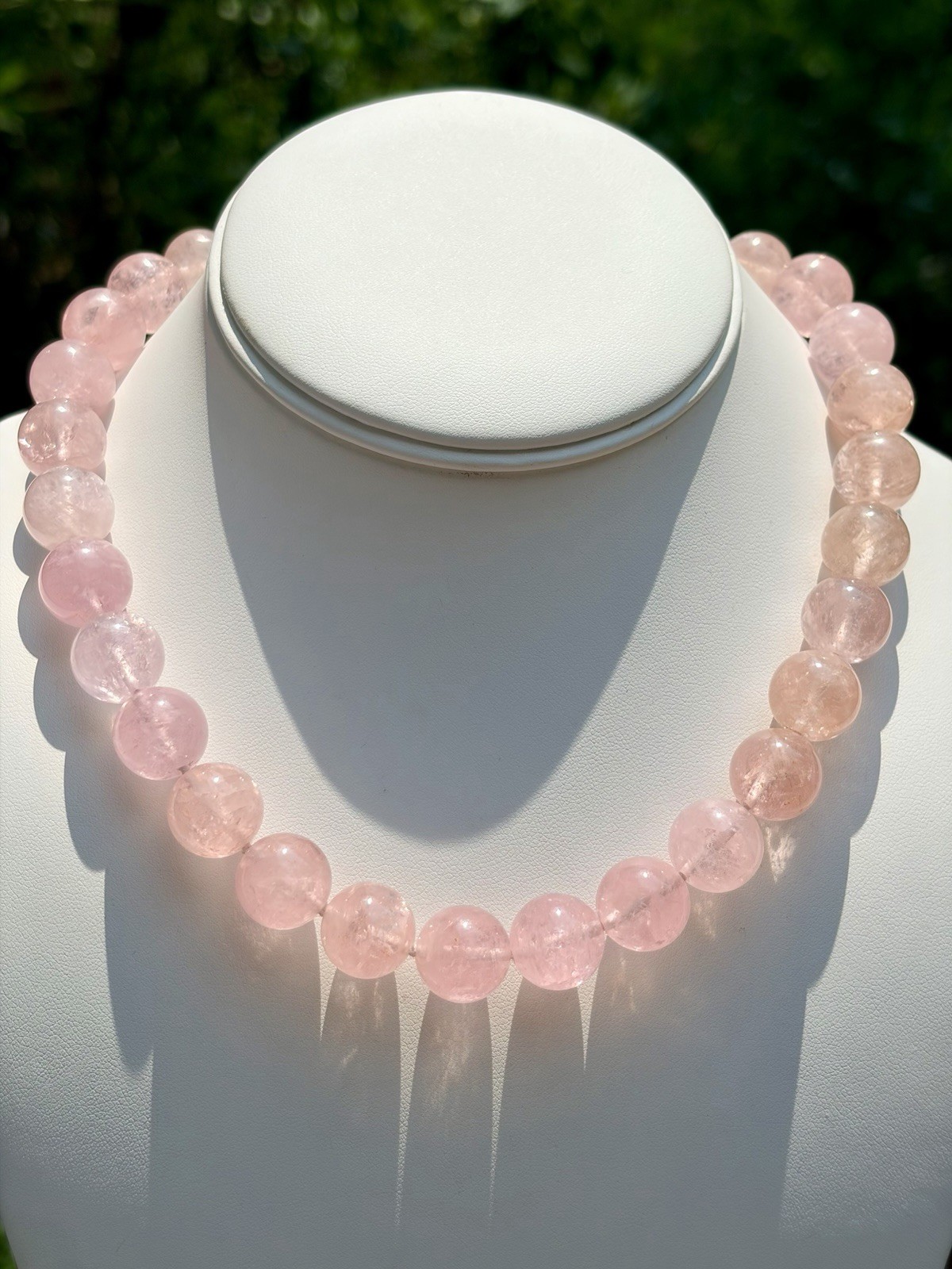 Madagascar Rose Quartz Necklace 14mm Silk Knotted 925 Cameo Clasp OOAK VTG