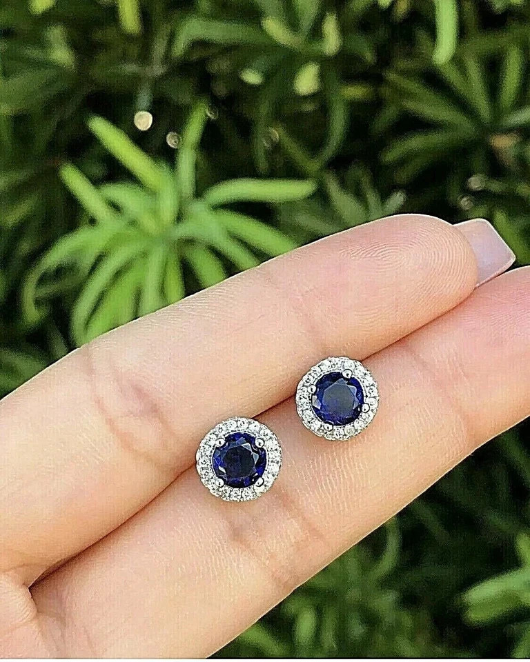 Round Cut Lab Created Blue Sapphire Women’s Stud Earrings 14k White Gold Plated
