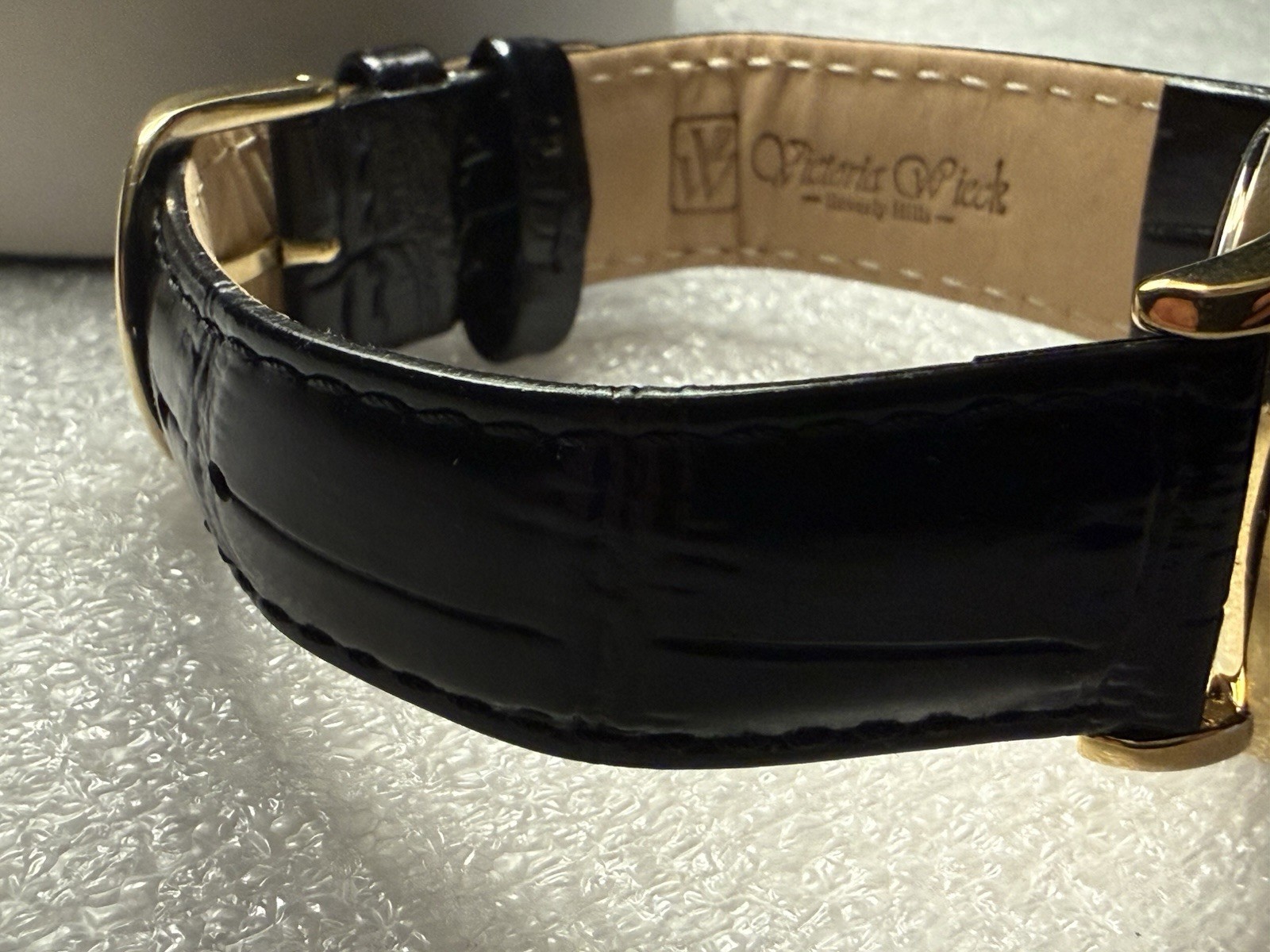 New Victoria Wieck Watch Womens Black Crystal Gold Trim Black Leather See Desc.