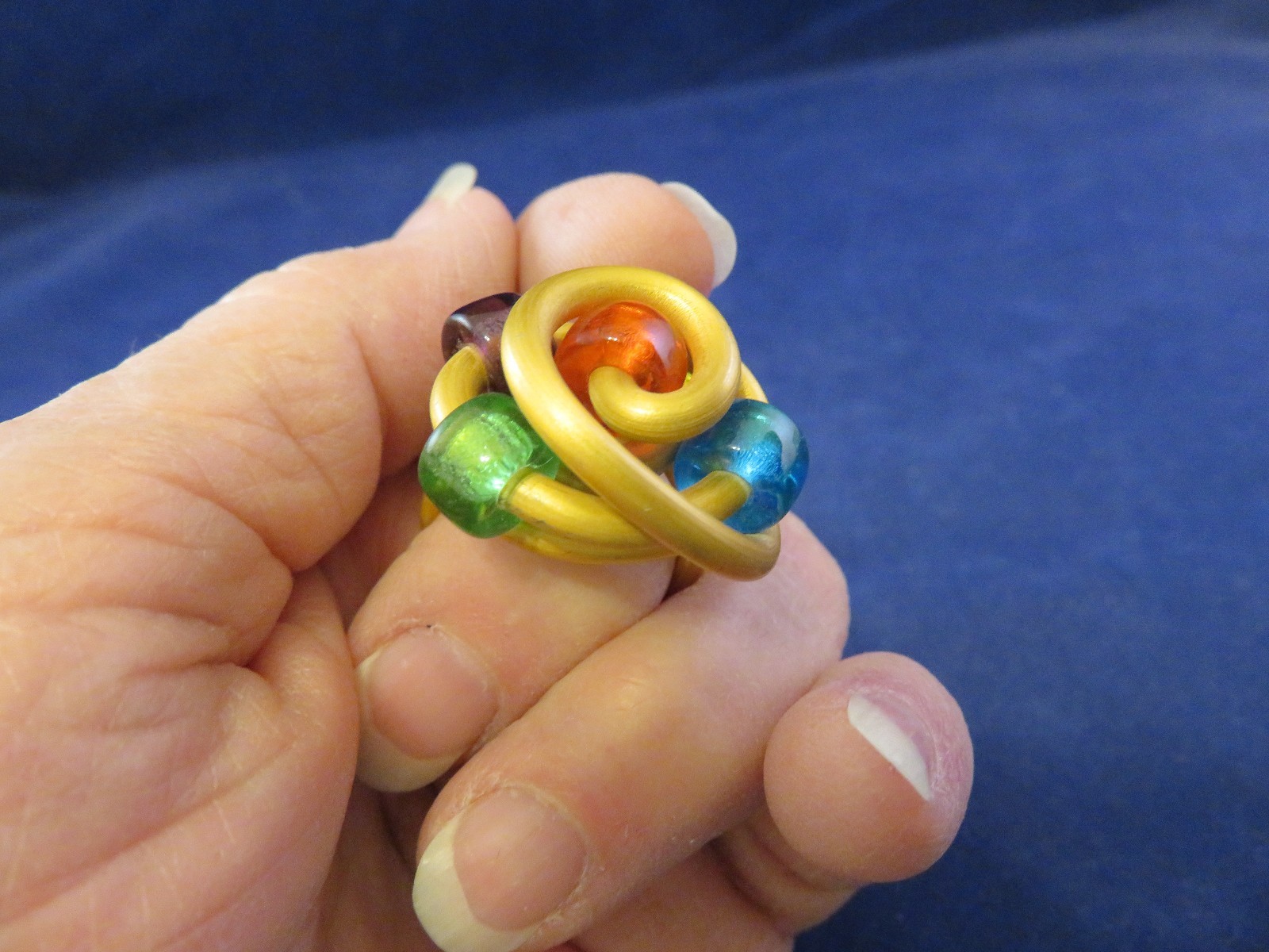 Fun Ring Golden Color Coated Thick Wire Sz. 7 w 5 Colorful Beads (1187)