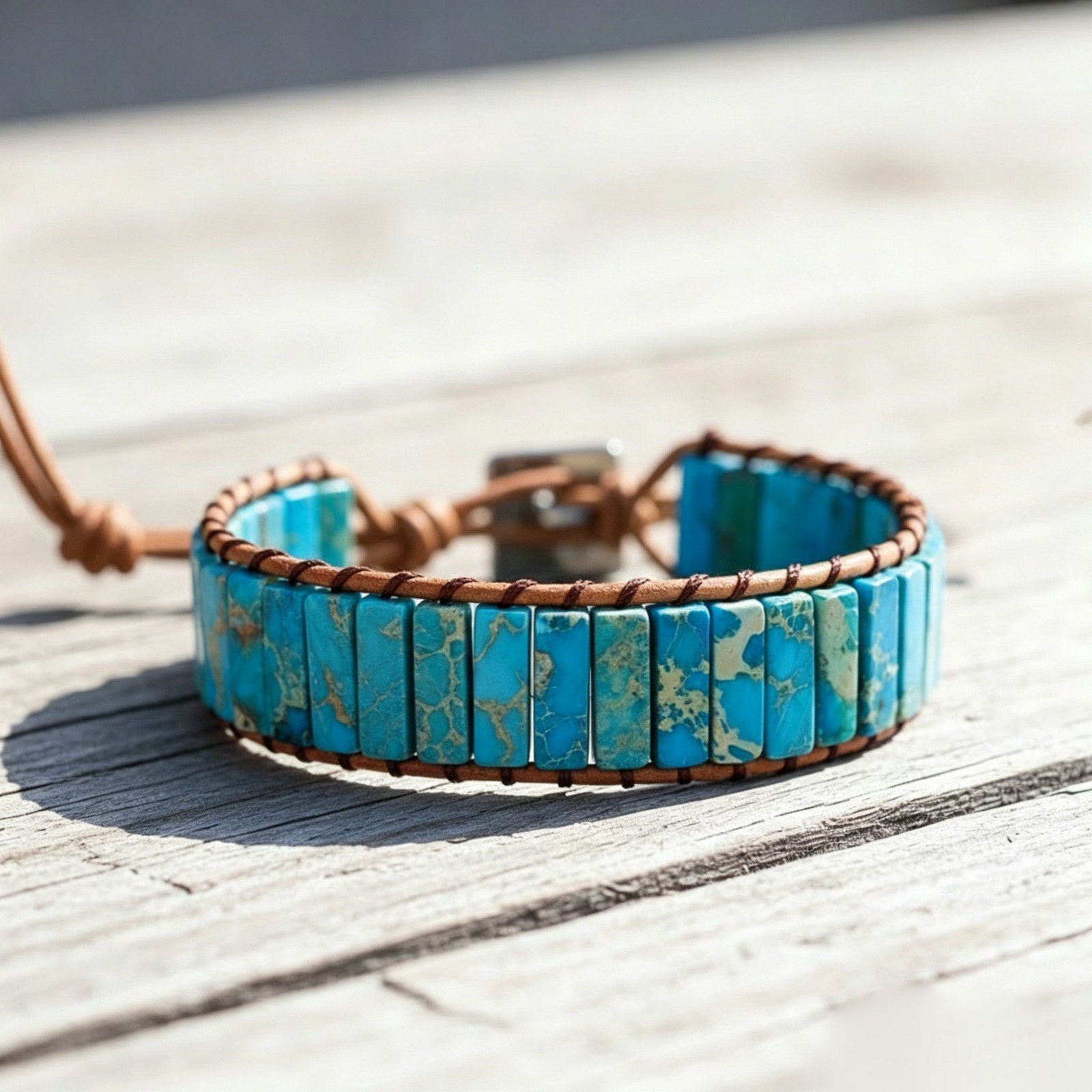 Natural Turquoise Tube Stone Bracelet Leather Braided Healing Reiki Gifts 6.7 in