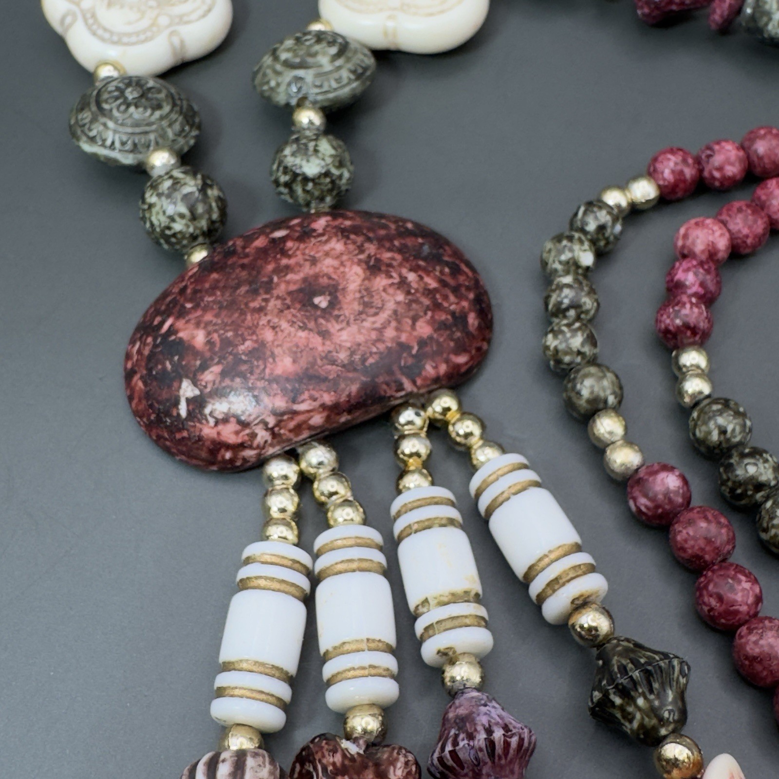 Vintage Artisan Mixed Bead Necklace Russia Market 32in With 4in Tassel Drop