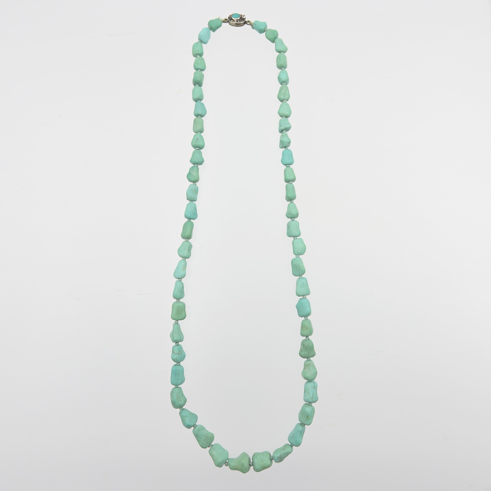 Old Vintage Chinese Export ‘Knucklebone’ Turquoise Necklace w/ Silver Clasp