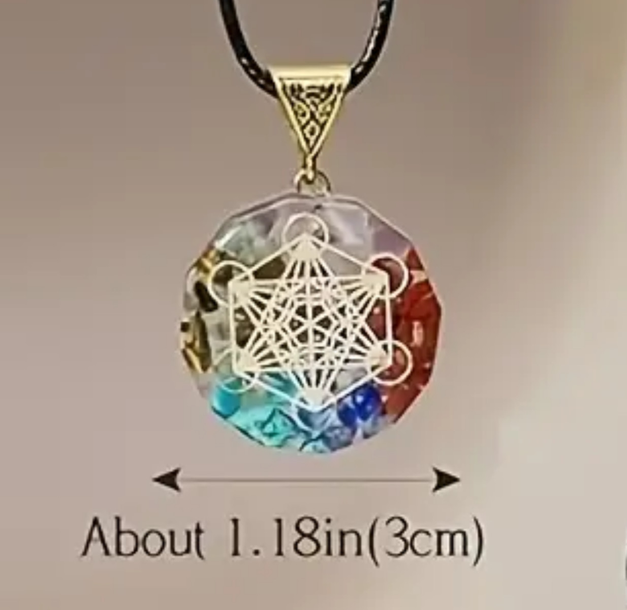Metatrons Cube Chakra Round Amulet Natural Stones Resin Brass Bail