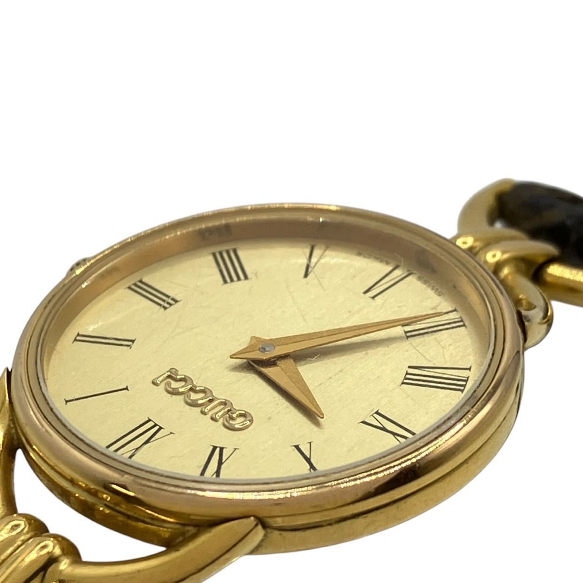 Working GUCCI watch gold dial quartz leather belt 6000L