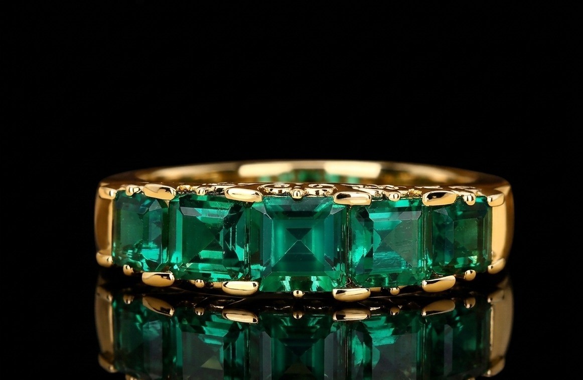 925 Sterling Silver Gold Plated, Radiant Square Cut Green Gemstone Band,