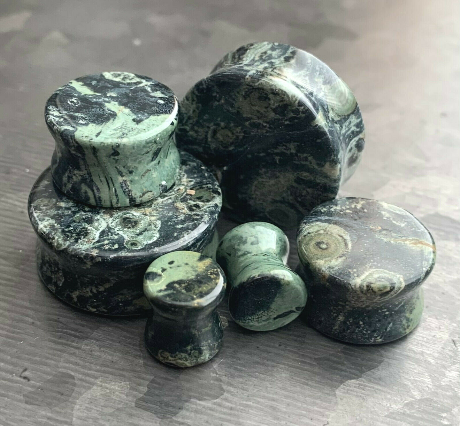 PAIR Natural Green Eye Jasper Stone Double Flare Plugs Organic Gauges
