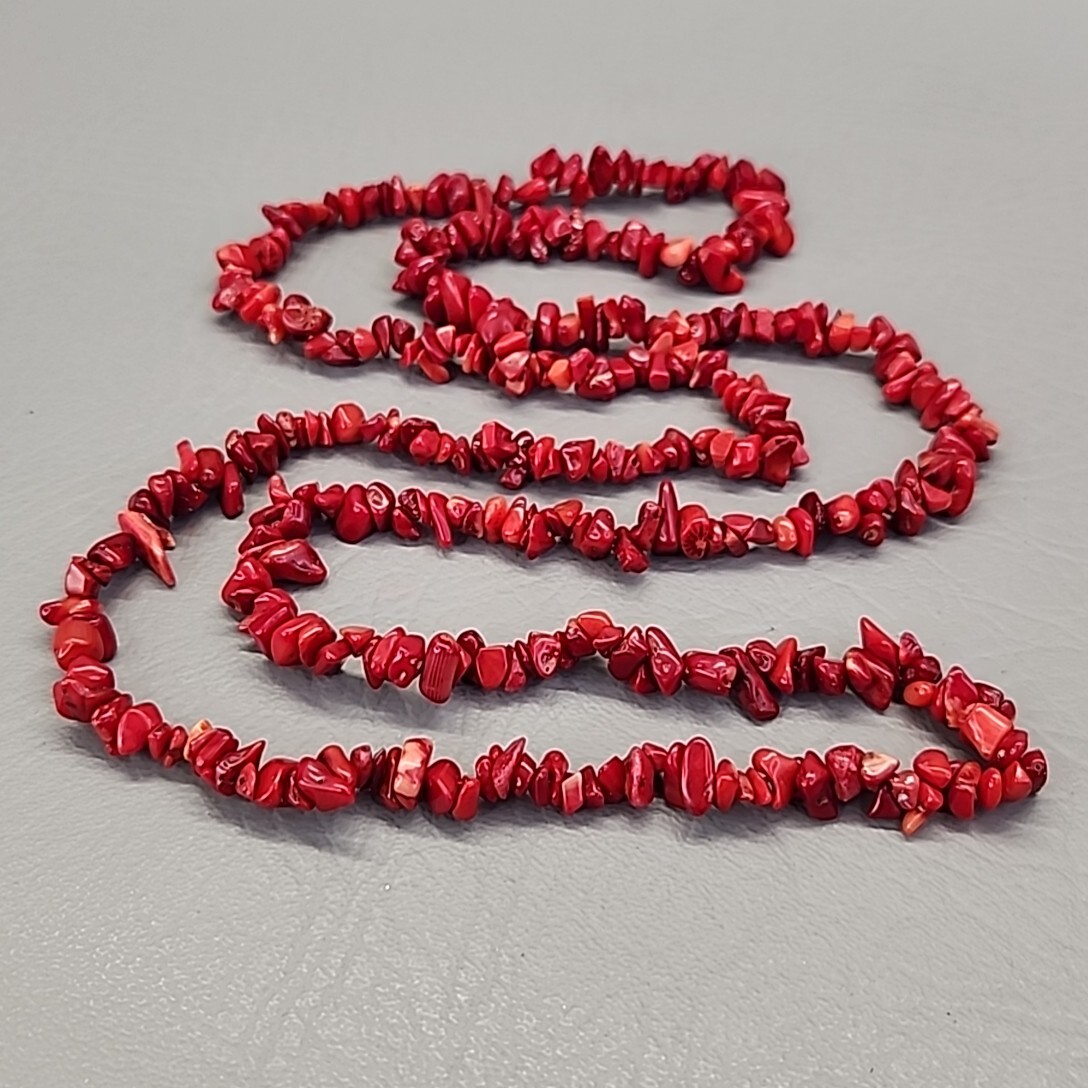 Necklace Red Dyed Coral Chip Beaded Polished Beach Sea Life 38″