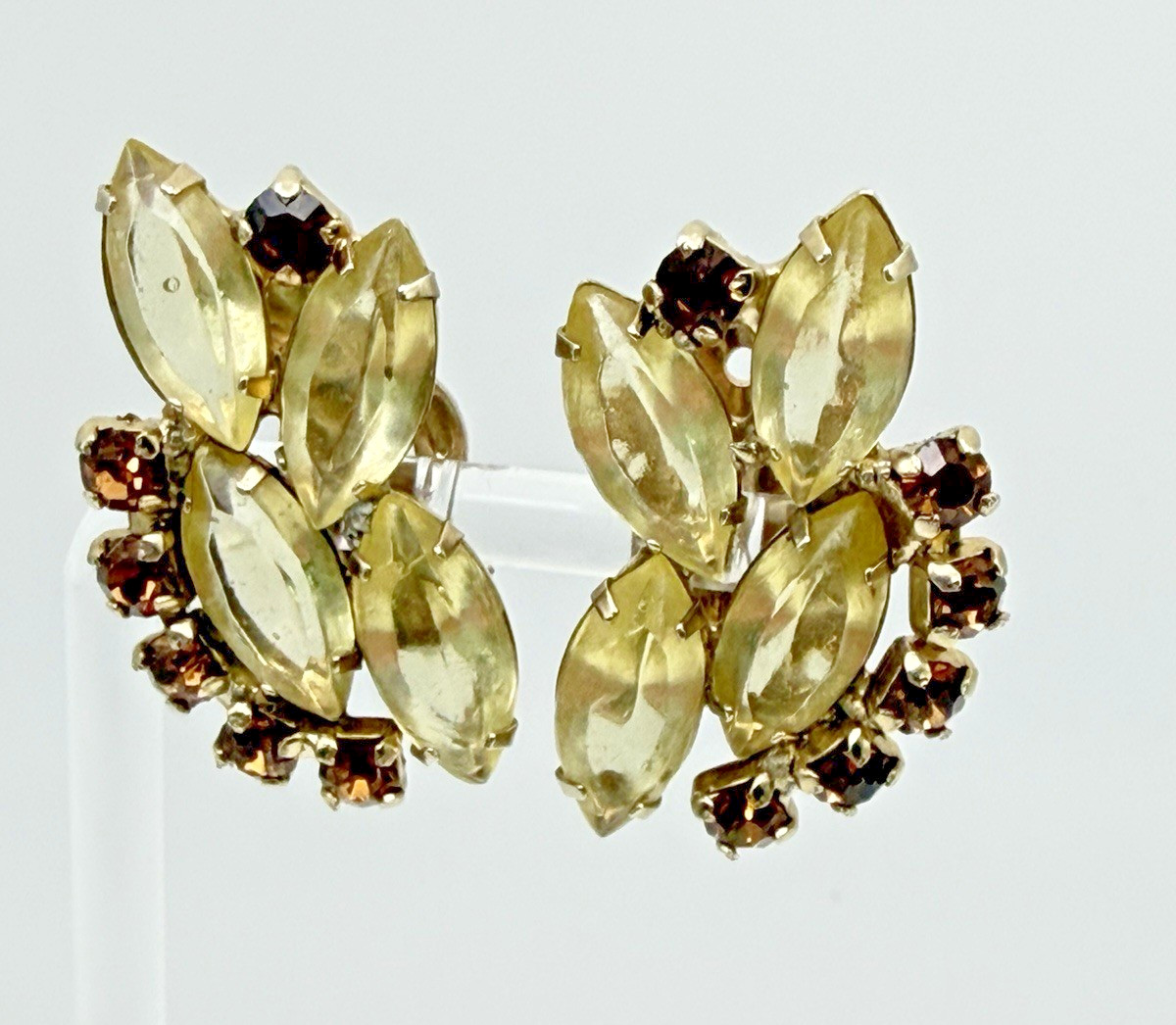 Vintage D&E Juliana Attributed Yellow Navette Topaz Rhinestone Clip Earrings