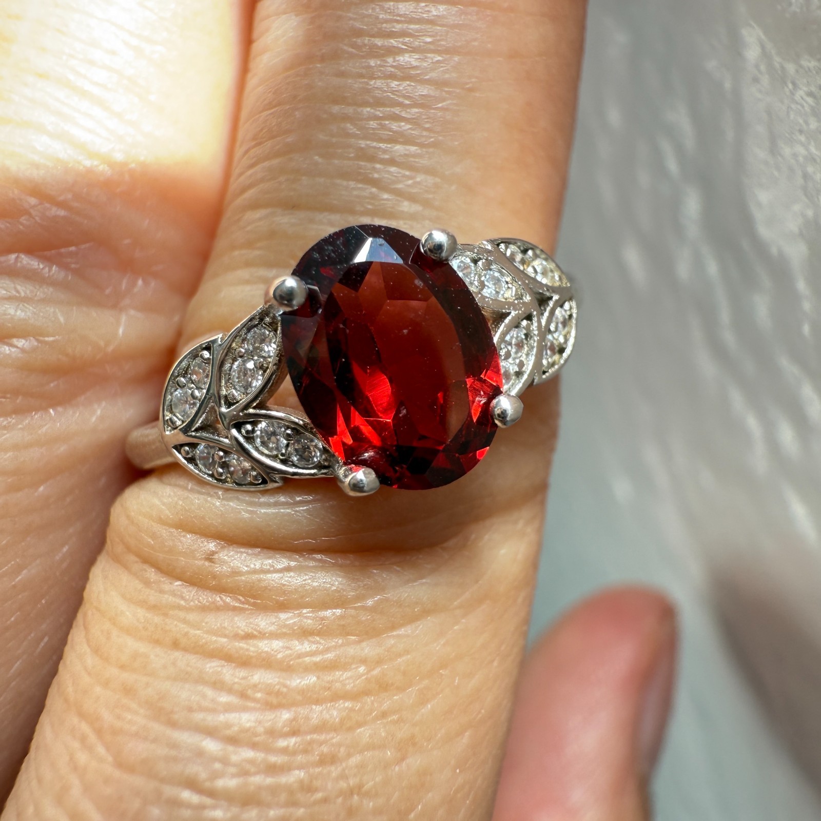925 Sterling Silver Ring 8x6mm Natural Rhodolite Garnet Gemstone Zircon Flower