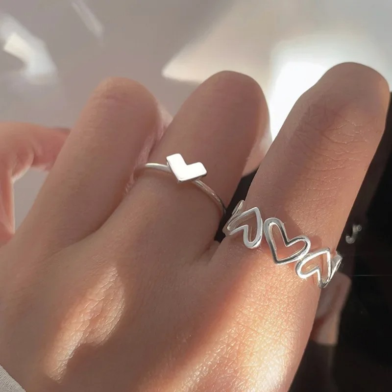 LATS Silver LOVE Heart Ring Simple Smooth Korean Fashion Jewelry for Women