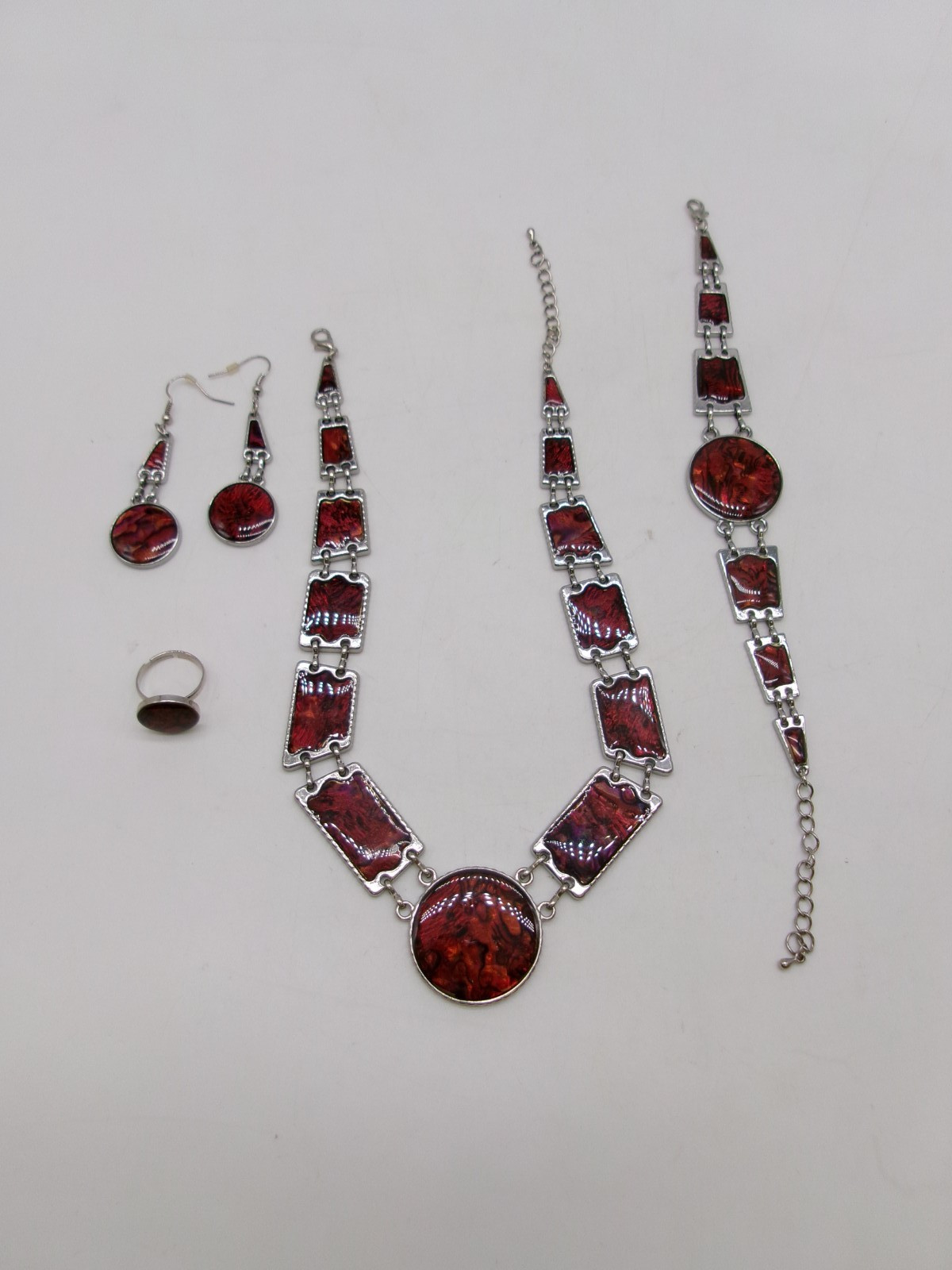 Red Abalone Necklace, Bracelet, Earrings, and Ring Set