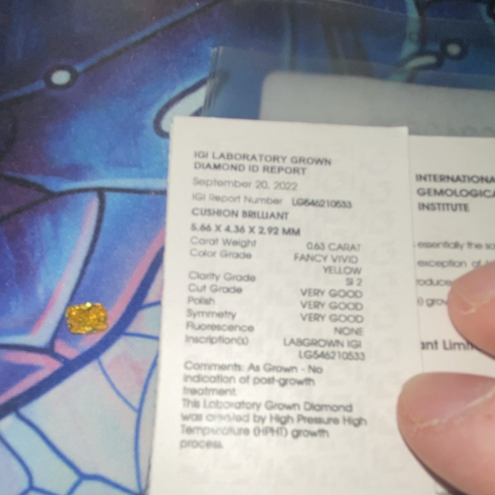 Lab-Created IGI 0.63ct Fancy Vivid Yellow Cushion Diamond SI2 Very Good Cut