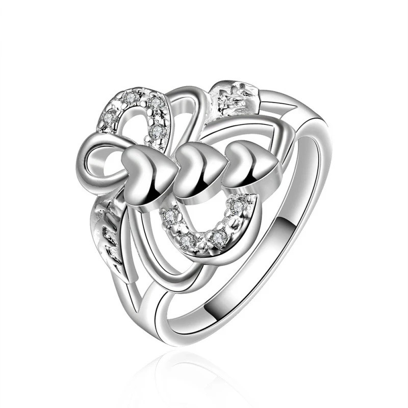 SHSTONE 925 Sterling Silver rings Inlay AAA Zircon Three Heart Bowknot Ring For