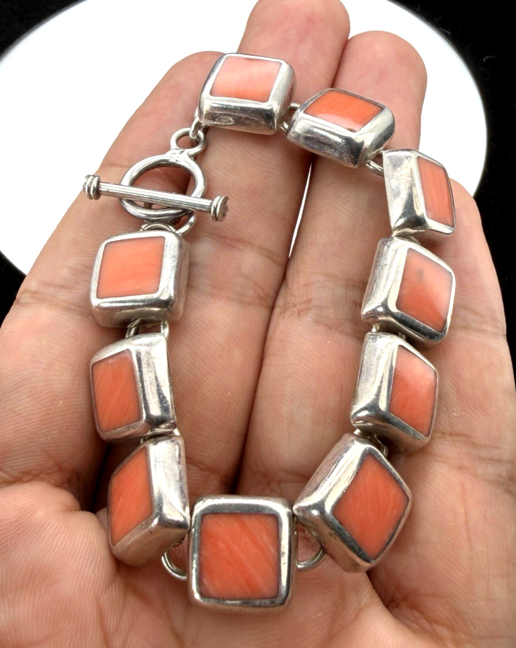 Vintage Mexico Sterling Silver And Inlay Reddish Coral 6.5 Inch Bracelet