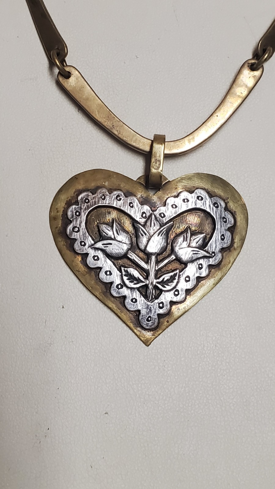 JEEP COLLINS Artisan VINTAGE Brass/925 DOVE/HEART PENDANT Handwrought NECKLACE